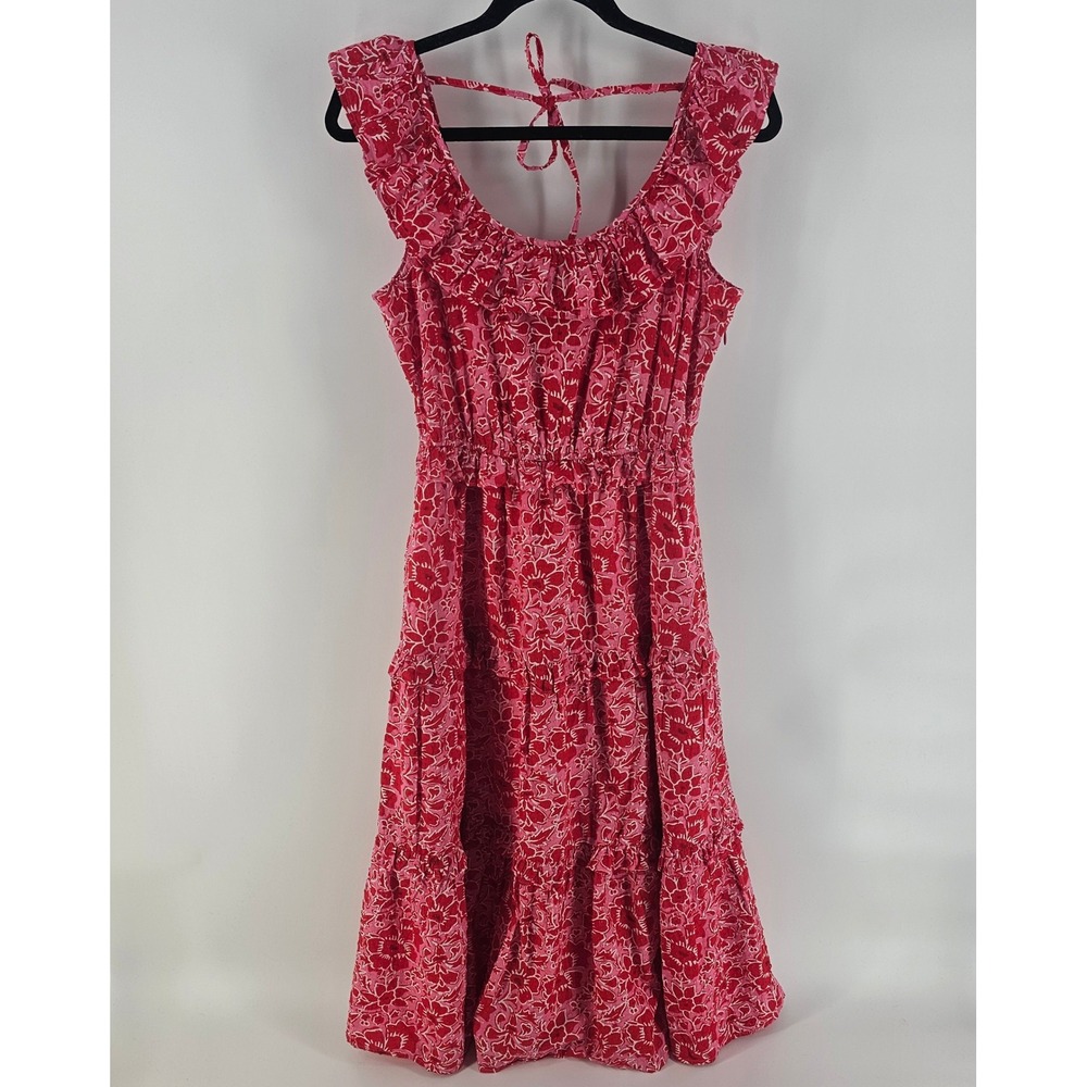 J.Crew Tiered Midi Dress 4 Pink Red Floral Ruffle Romantic Garden Party Preppy